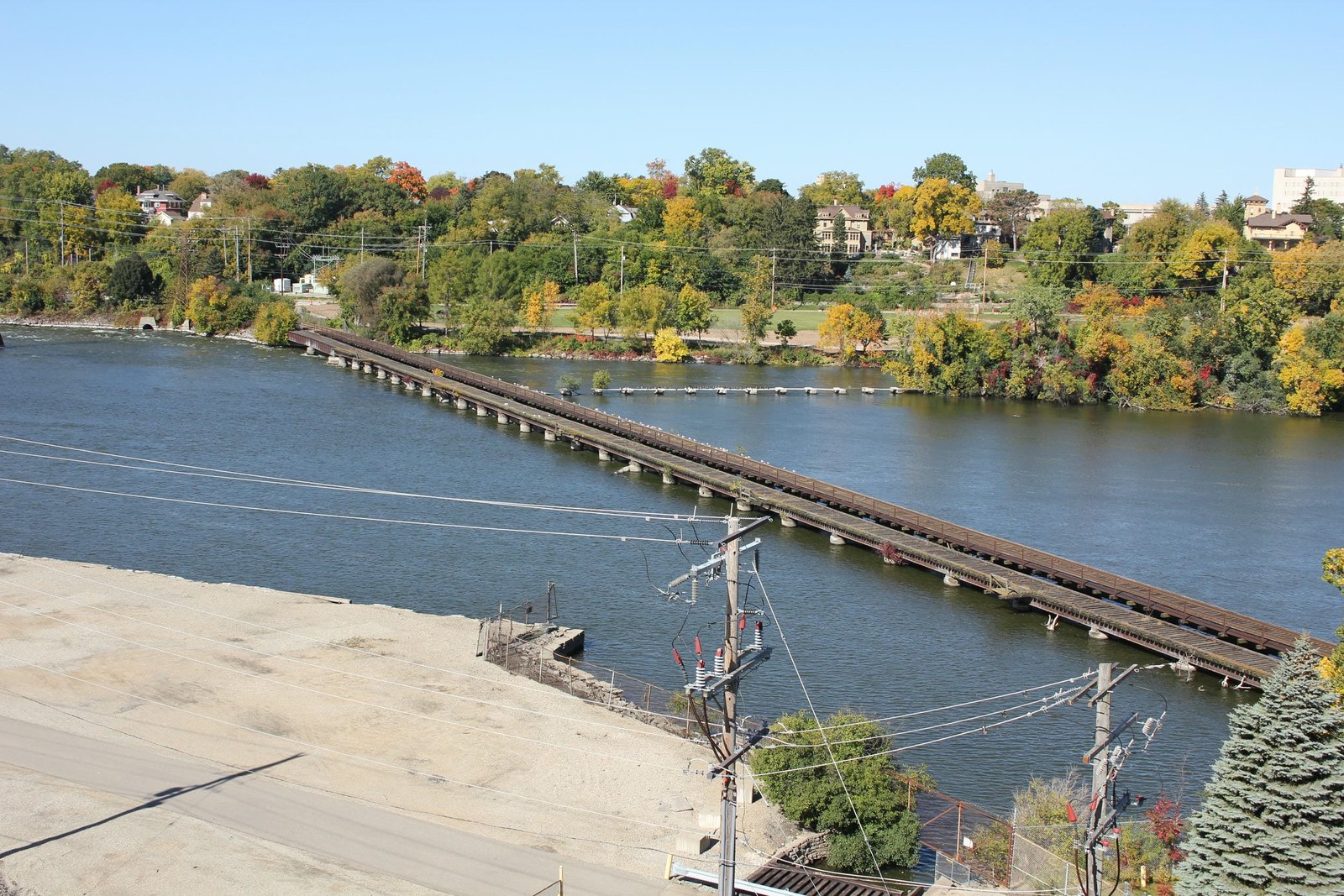 Overview from Oneida Street Bridge.  C&NW bridge in back, Milwaukee Road bridge in front